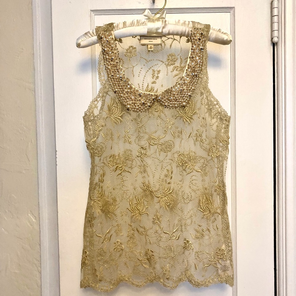 Moulinette Soeurs Anthropology Tulle Shell with Gold/Cream Embroidered Lace